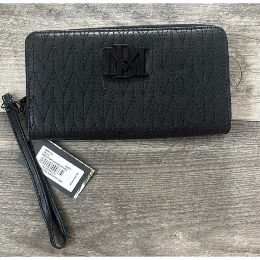 NWT Badgley Mischka Wallet With Phone Pocket Black Vegan Leather Wristlet Long